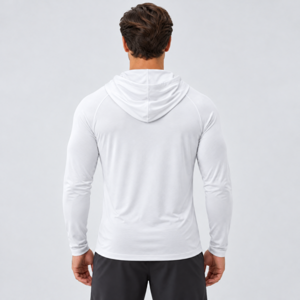 nerva-aero-hooded-long-sleeve-white-back NERVA Aero Hooded Long Sleeve i vitt, huvtröja för herr, bakifrån.